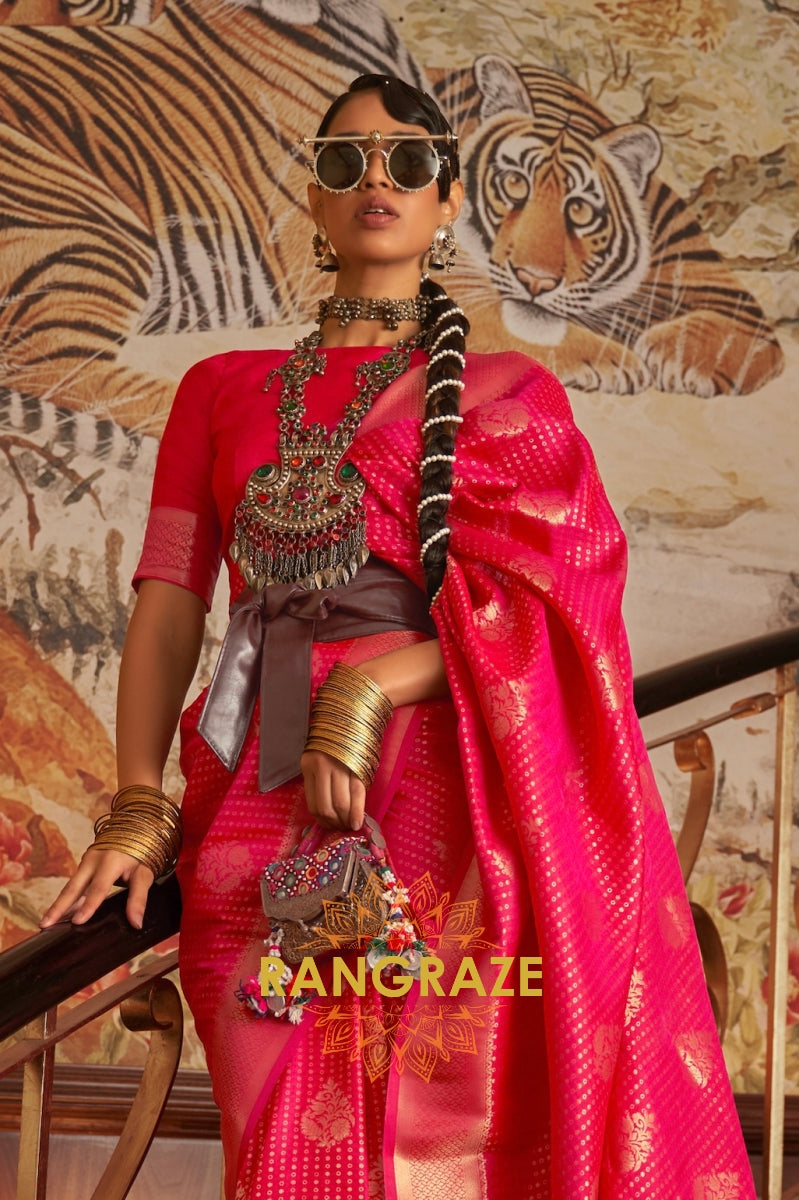 Red Golden Double Tone Weaving Banarasi Silk Saree