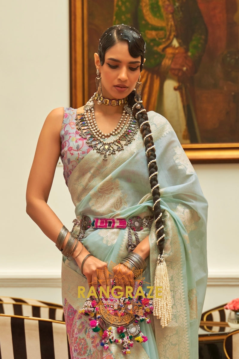 Sky Blue Woven Silk Saree With Kashmiri Pallu