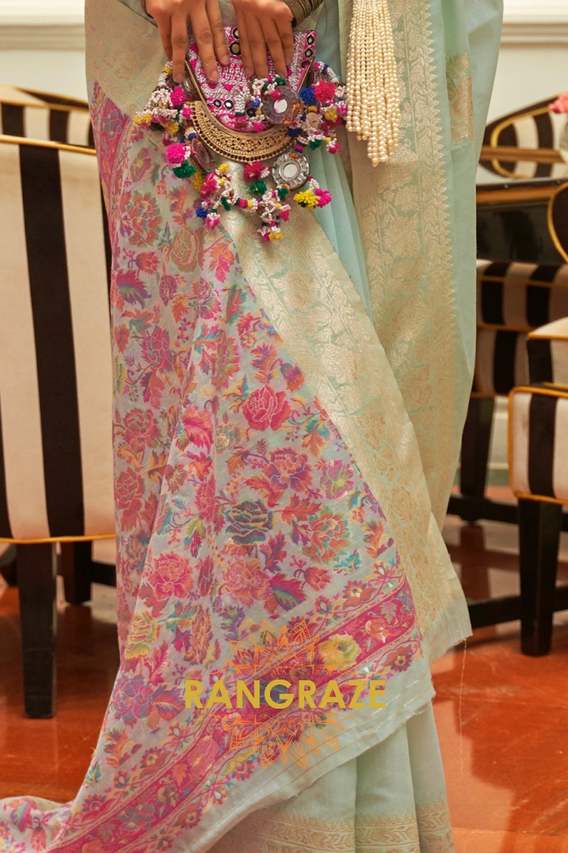 Sky Blue Woven Silk Saree With Kashmiri Pallu