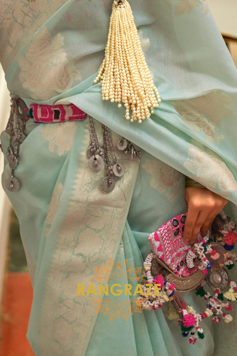 Sky Blue Woven Silk Saree With Kashmiri Pallu