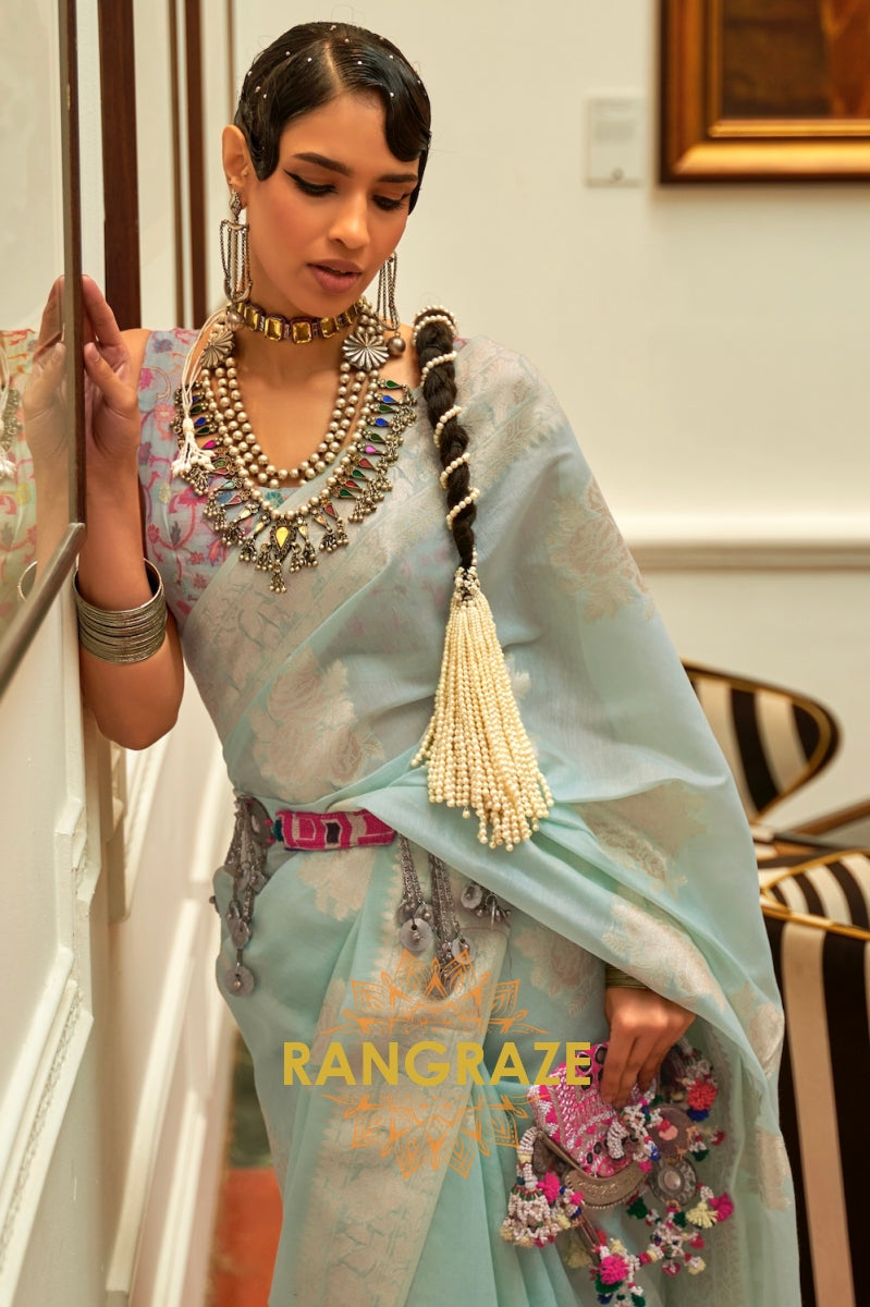 Sky Blue Woven Silk Saree With Kashmiri Pallu