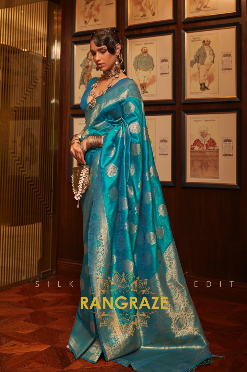 Turquoise Blue Woven Banarasi Silk Saree