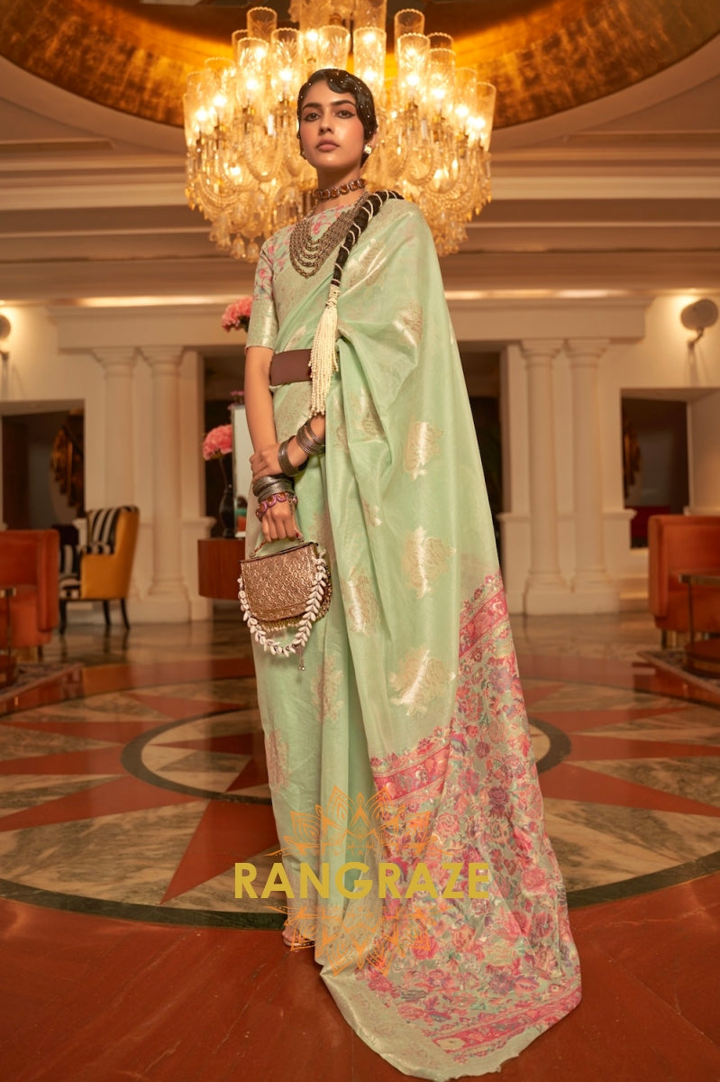 Light Green Woven Silk Saree With Kashmiri Pallu