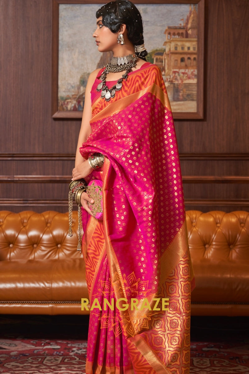 Pink Golden Woven Banarasi Silk Saree