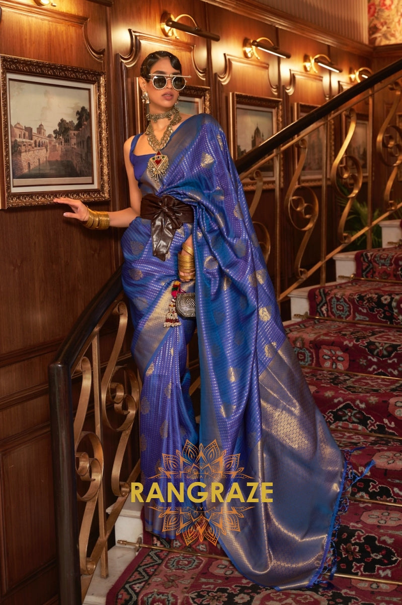 Blue Golden Double Tone Weaving Banarasi Silk Saree