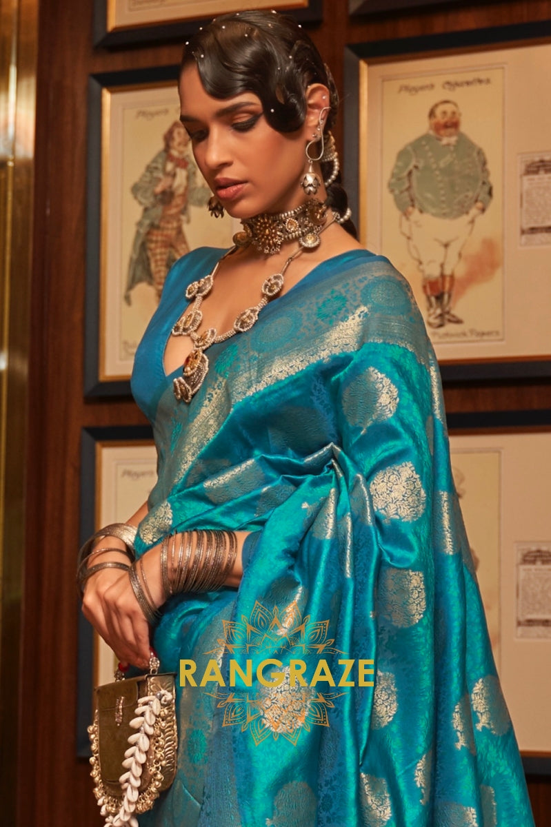 Turquoise Blue Woven Banarasi Silk Saree