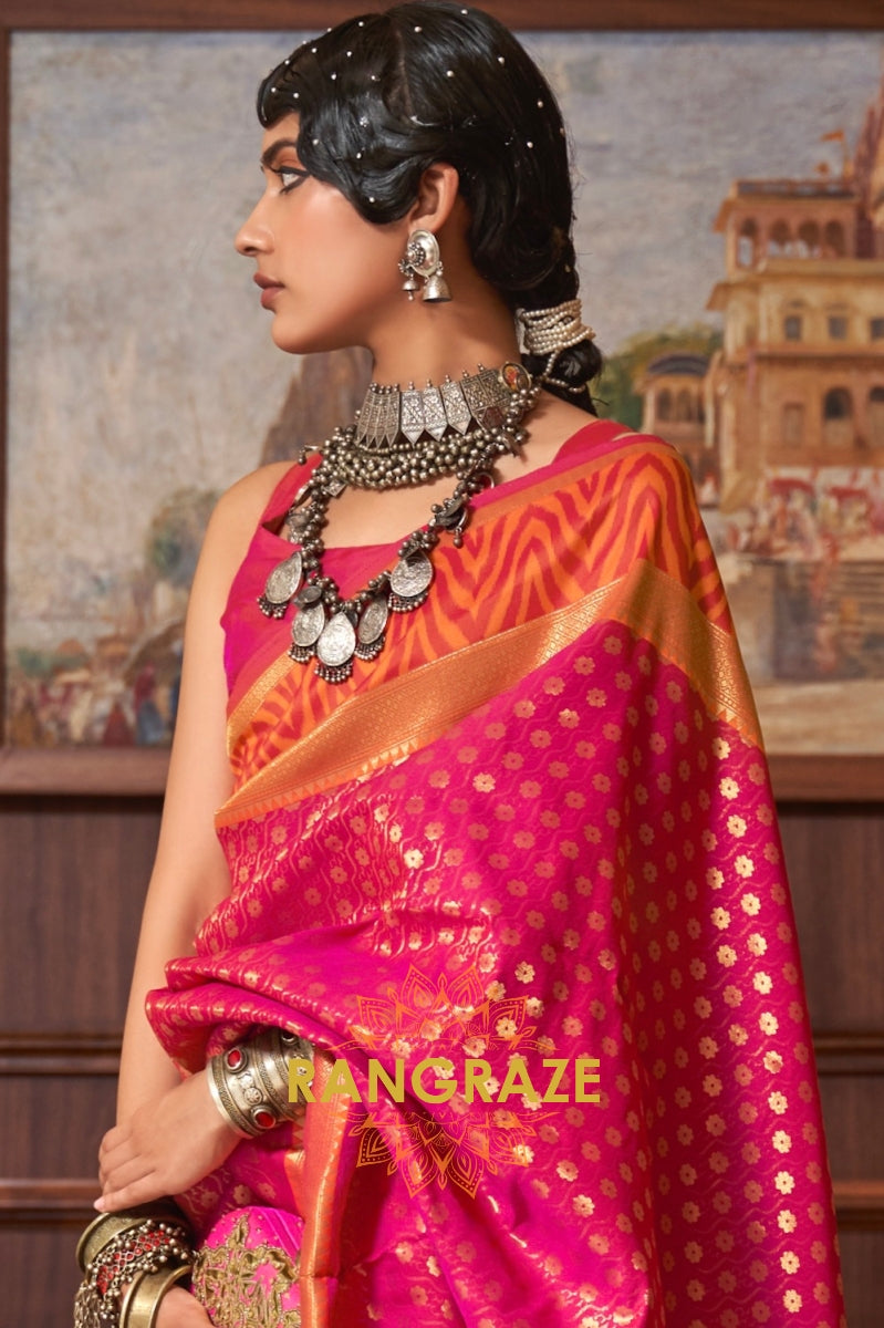 Pink Golden Woven Banarasi Silk Saree