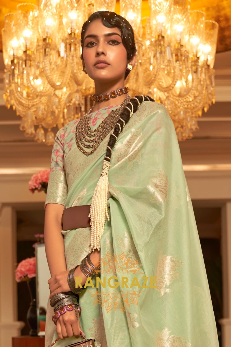Light Green Woven Silk Saree With Kashmiri Pallu