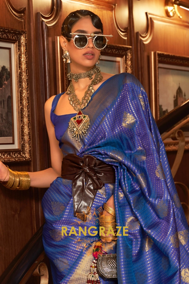 Blue Golden Double Tone Weaving Banarasi Silk Saree