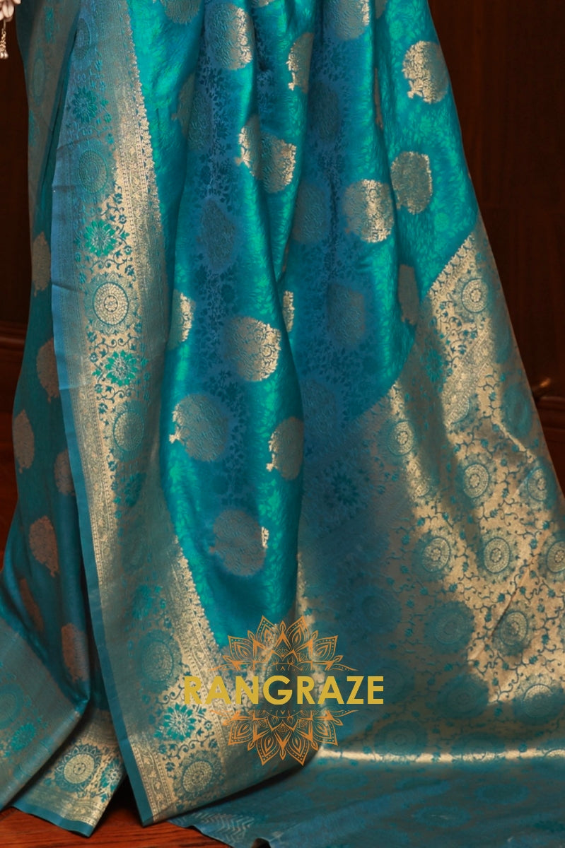 Turquoise Blue Woven Banarasi Silk Saree