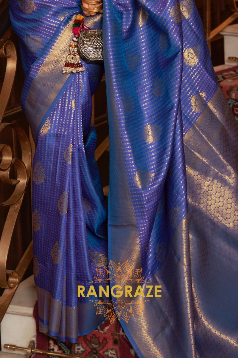 Blue Golden Double Tone Weaving Banarasi Silk Saree