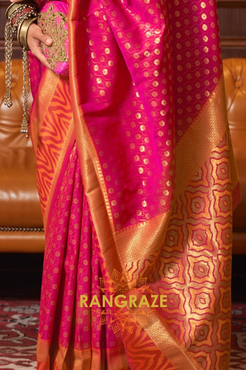 Pink Golden Woven Banarasi Silk Saree