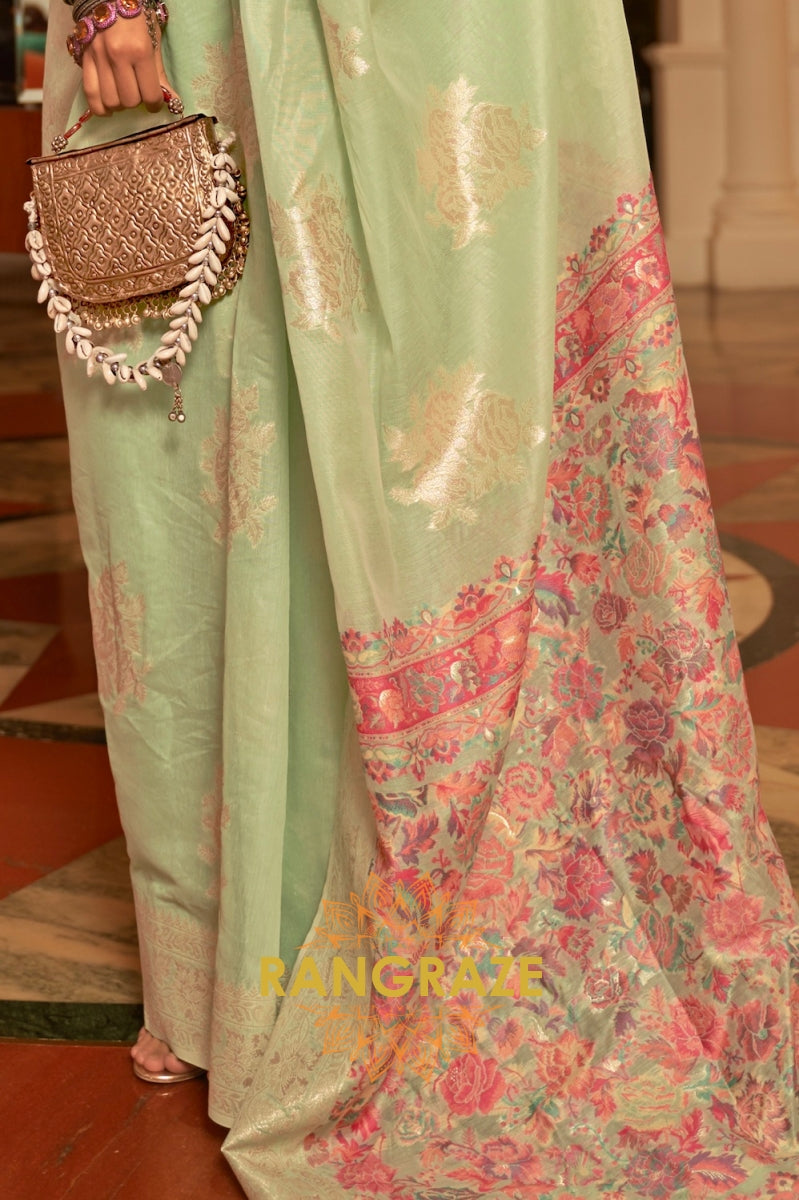 Light Green Woven Silk Saree With Kashmiri Pallu