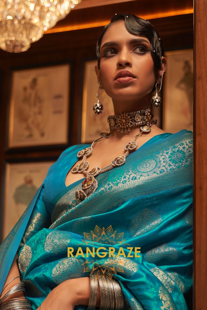 Turquoise Blue Woven Banarasi Silk Saree