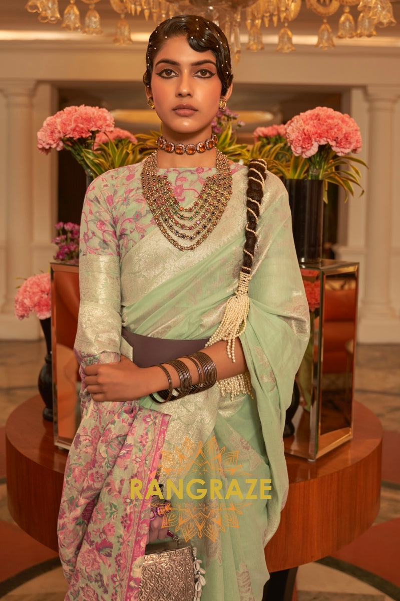 Light Green Woven Silk Saree With Kashmiri Pallu