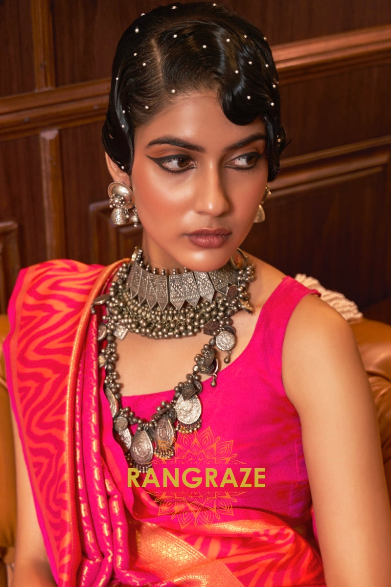 Pink Golden Woven Banarasi Silk Saree