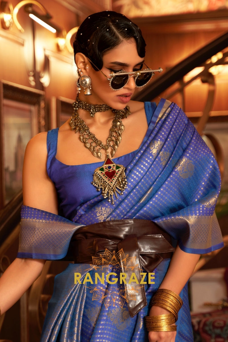 Blue Golden Double Tone Weaving Banarasi Silk Saree