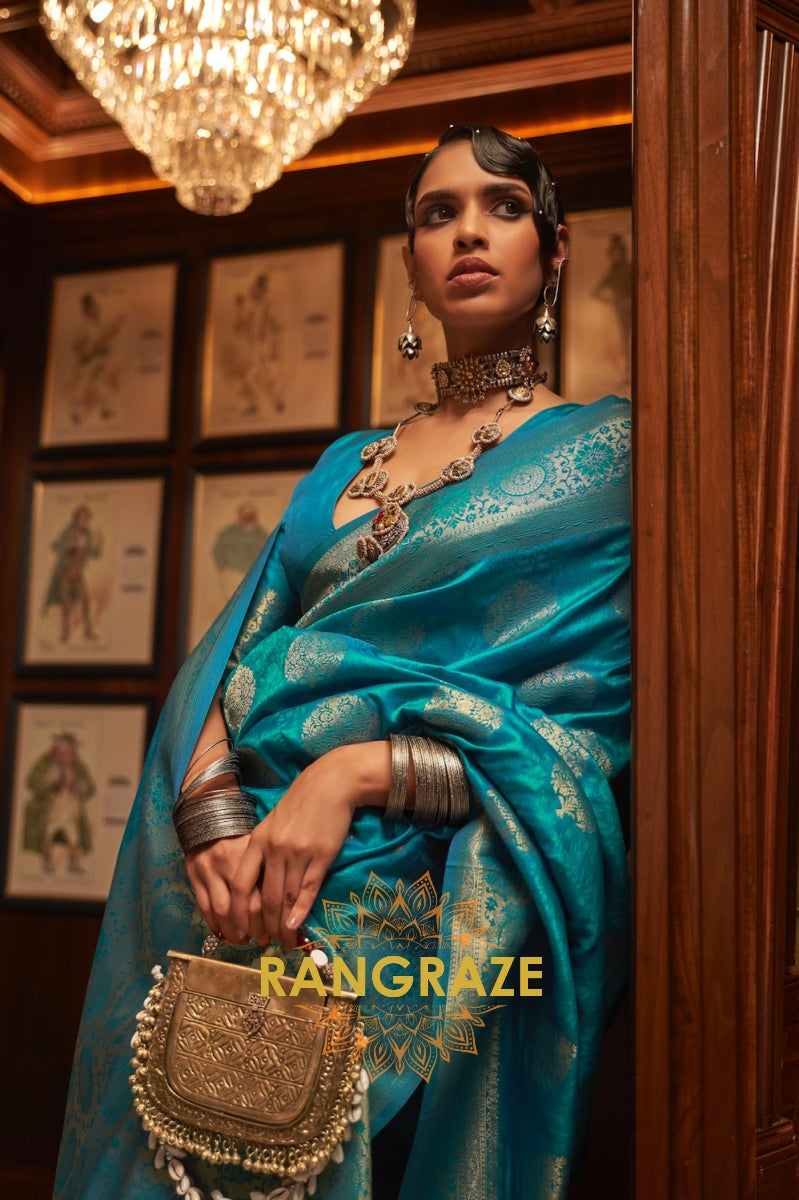 Turquoise Blue Woven Banarasi Silk Saree