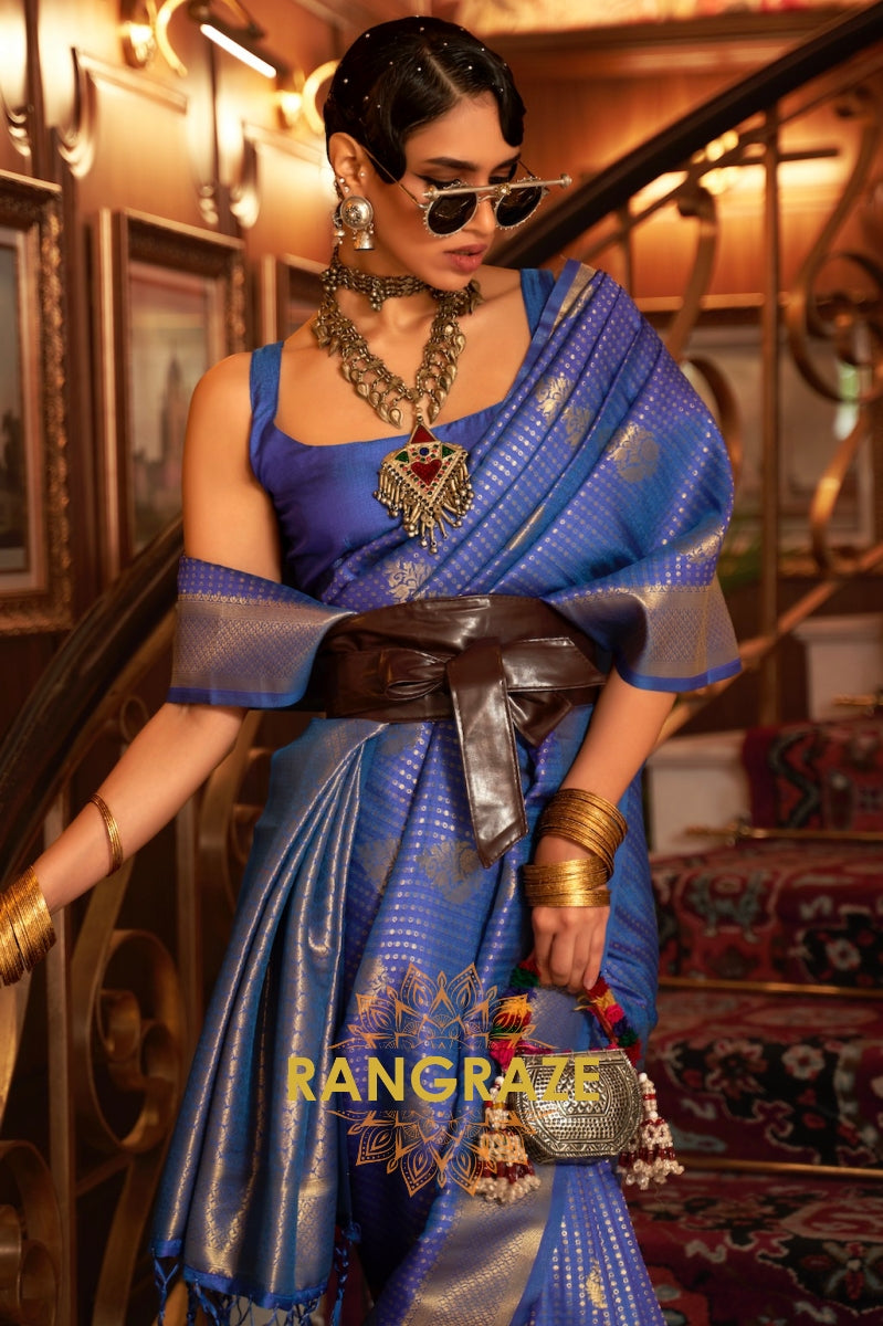 Blue Golden Double Tone Weaving Banarasi Silk Saree