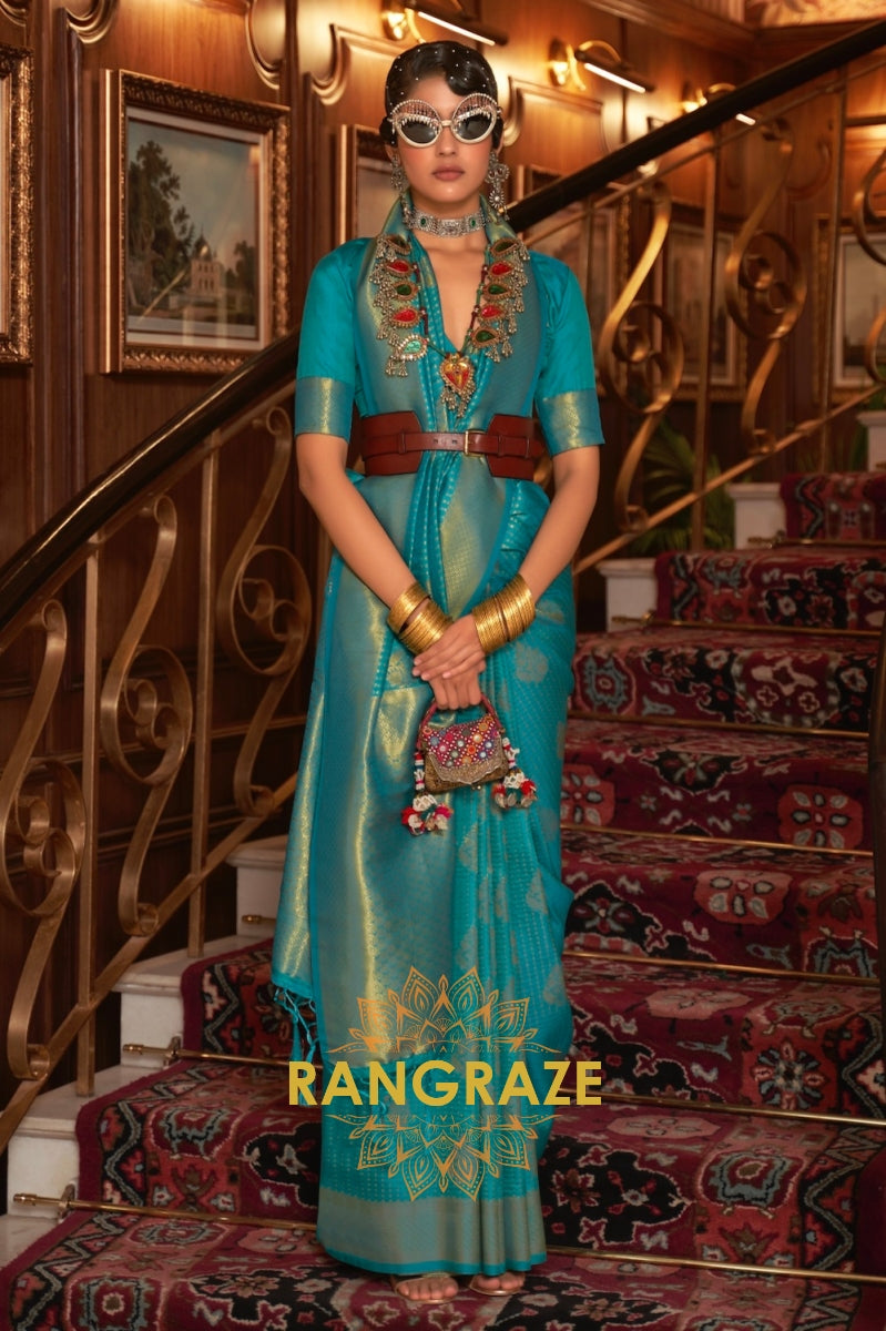 Turquoise Golden Double Tone Weaving Banarasi Silk Saree