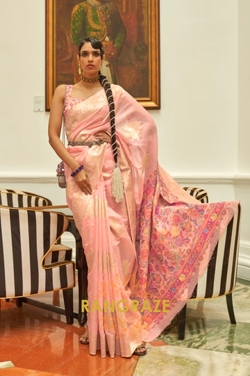 Peach Pink Woven Silk Saree With Kashmiri Pallu