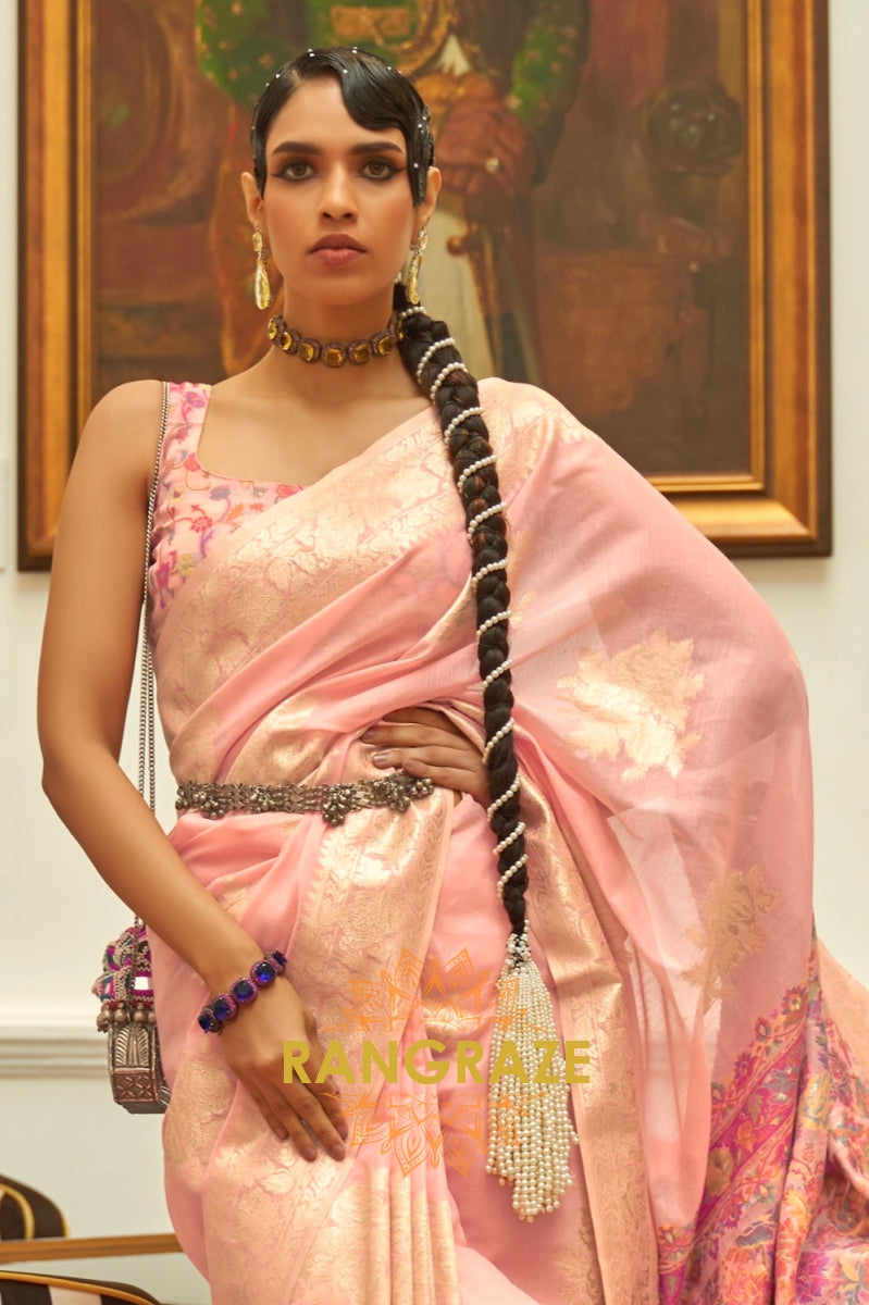 Peach Pink Woven Silk Saree With Kashmiri Pallu