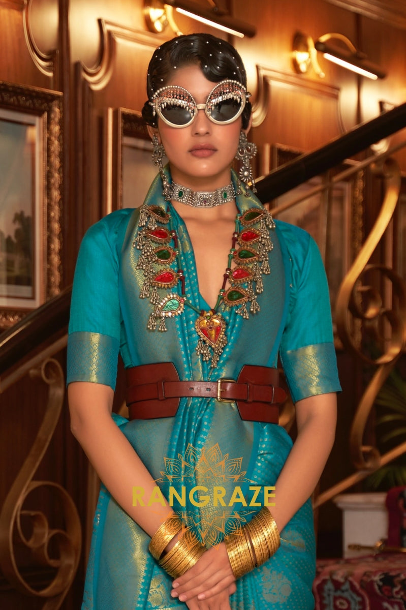 Turquoise Golden Double Tone Weaving Banarasi Silk Saree