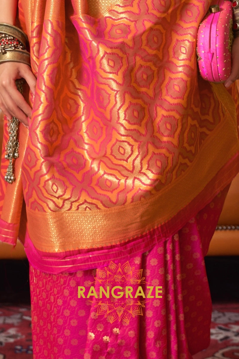 Pink Golden Woven Banarasi Silk Saree