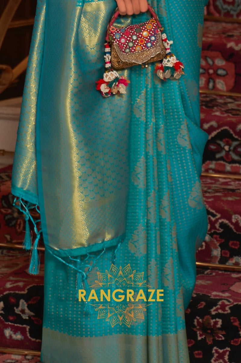 Turquoise Golden Double Tone Weaving Banarasi Silk Saree