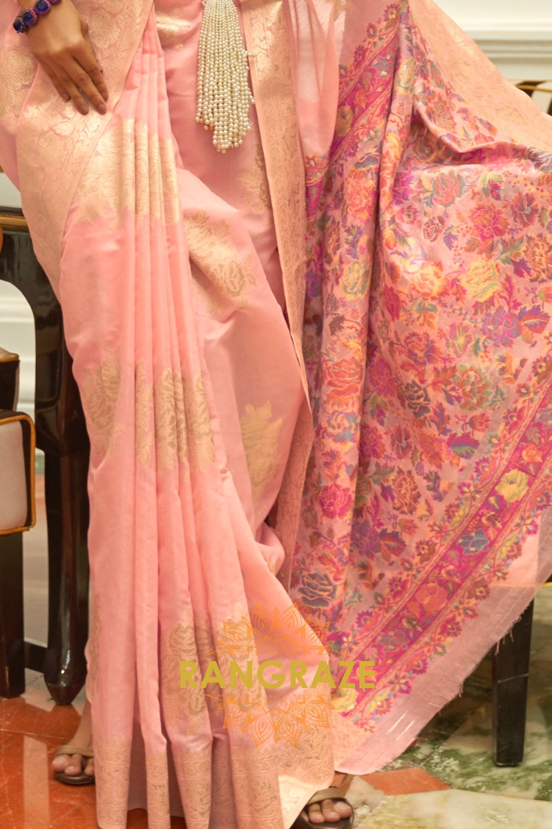Peach Pink Woven Silk Saree With Kashmiri Pallu
