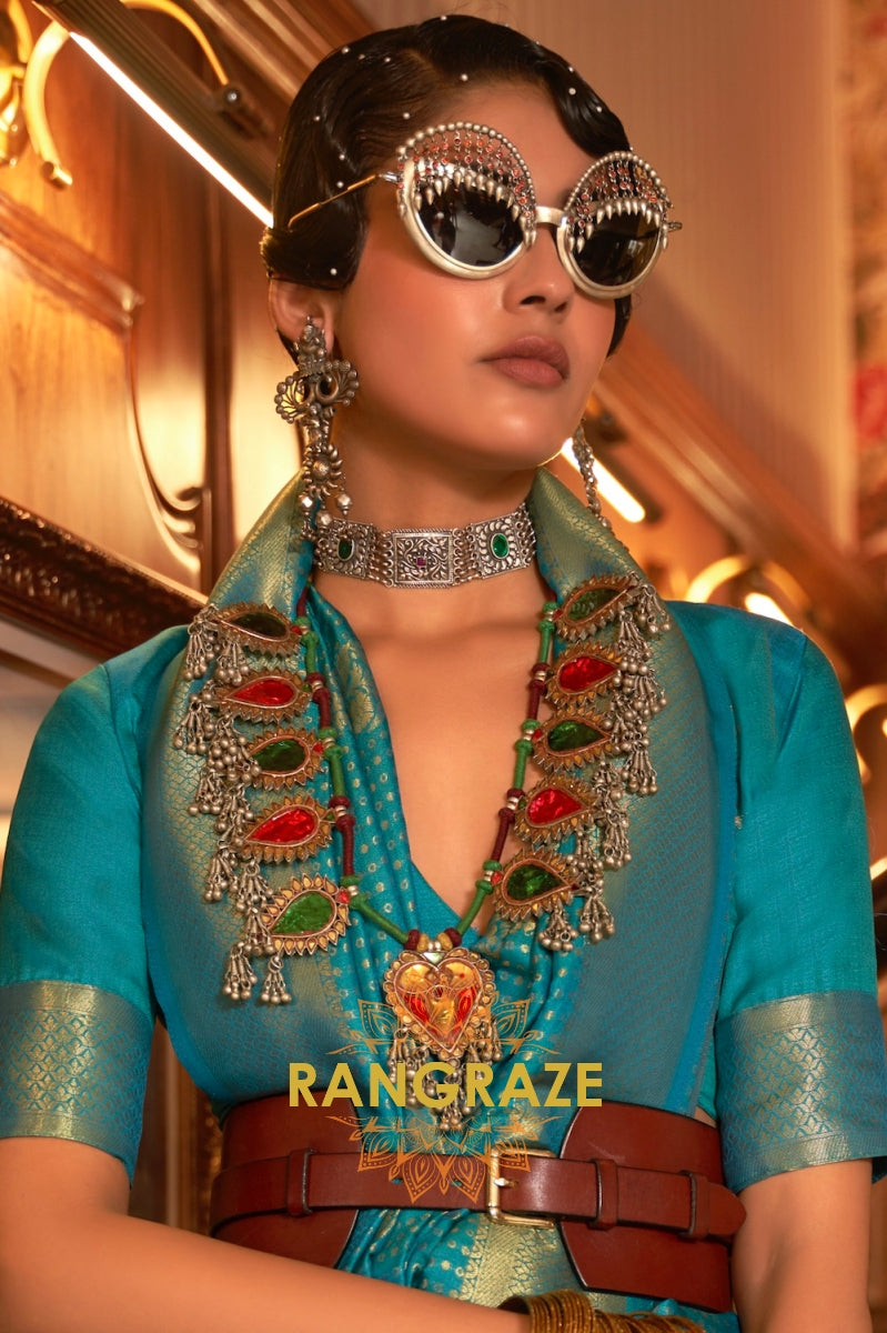 Turquoise Golden Double Tone Weaving Banarasi Silk Saree