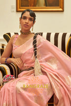 Peach Pink Woven Silk Saree With Kashmiri Pallu