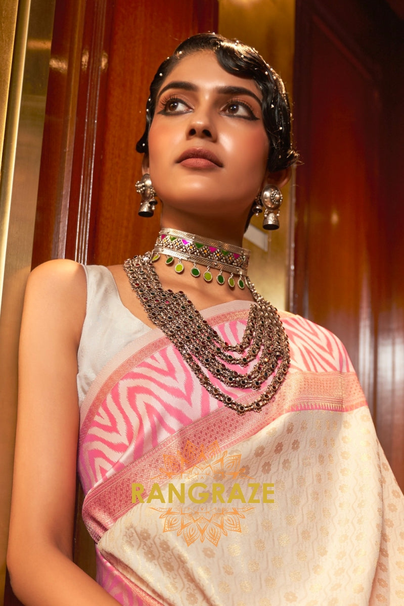 Beige Pink Woven Banarasi Silk Saree