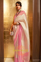 Beige Pink Woven Banarasi Silk Saree