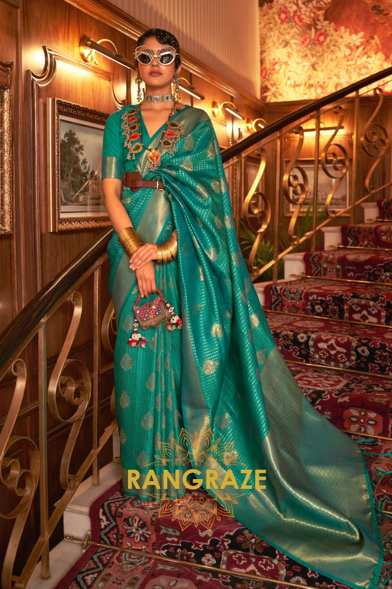 Turquoise Green Golden Double Tone Weaving Banarasi Silk Saree