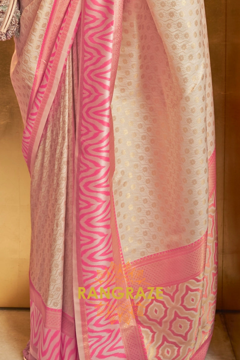 Beige Pink Woven Banarasi Silk Saree