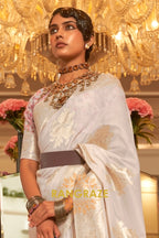 Pearl White Woven Silk Saree With Kashmiri Pallu