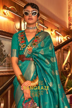 Turquoise Green Golden Double Tone Weaving Banarasi Silk Saree