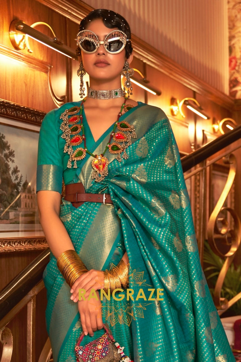 Turquoise Green Golden Double Tone Weaving Banarasi Silk Saree