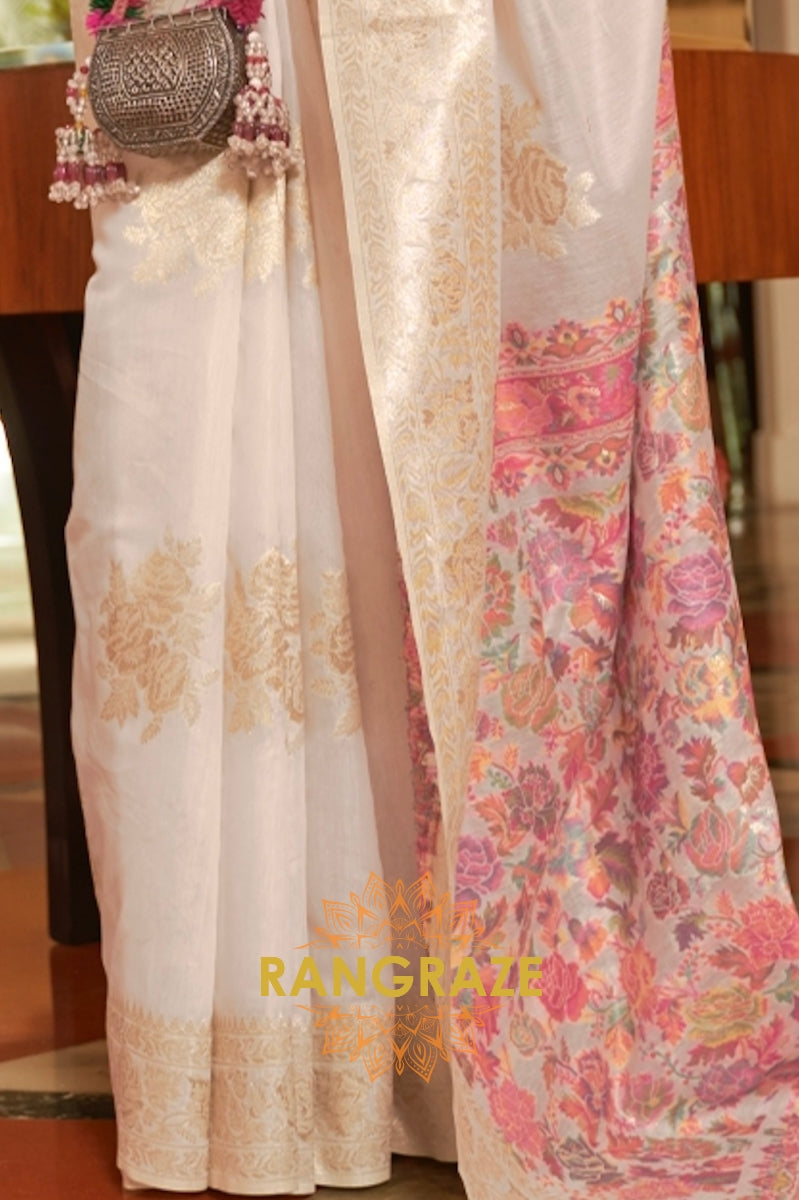 Pearl White Woven Silk Saree With Kashmiri Pallu