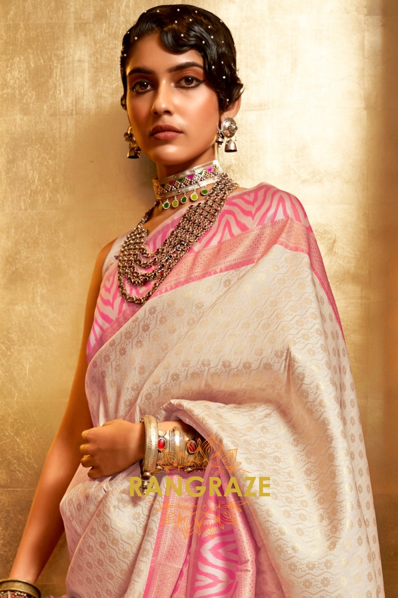 Beige Pink Woven Banarasi Silk Saree