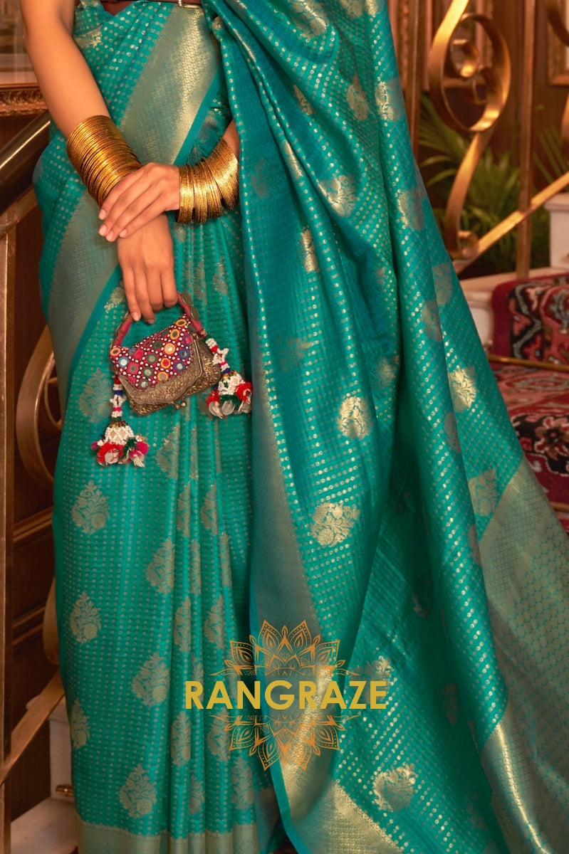 Turquoise Green Golden Double Tone Weaving Banarasi Silk Saree