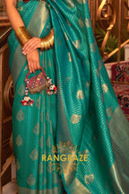 Turquoise Green Golden Double Tone Weaving Banarasi Silk Saree