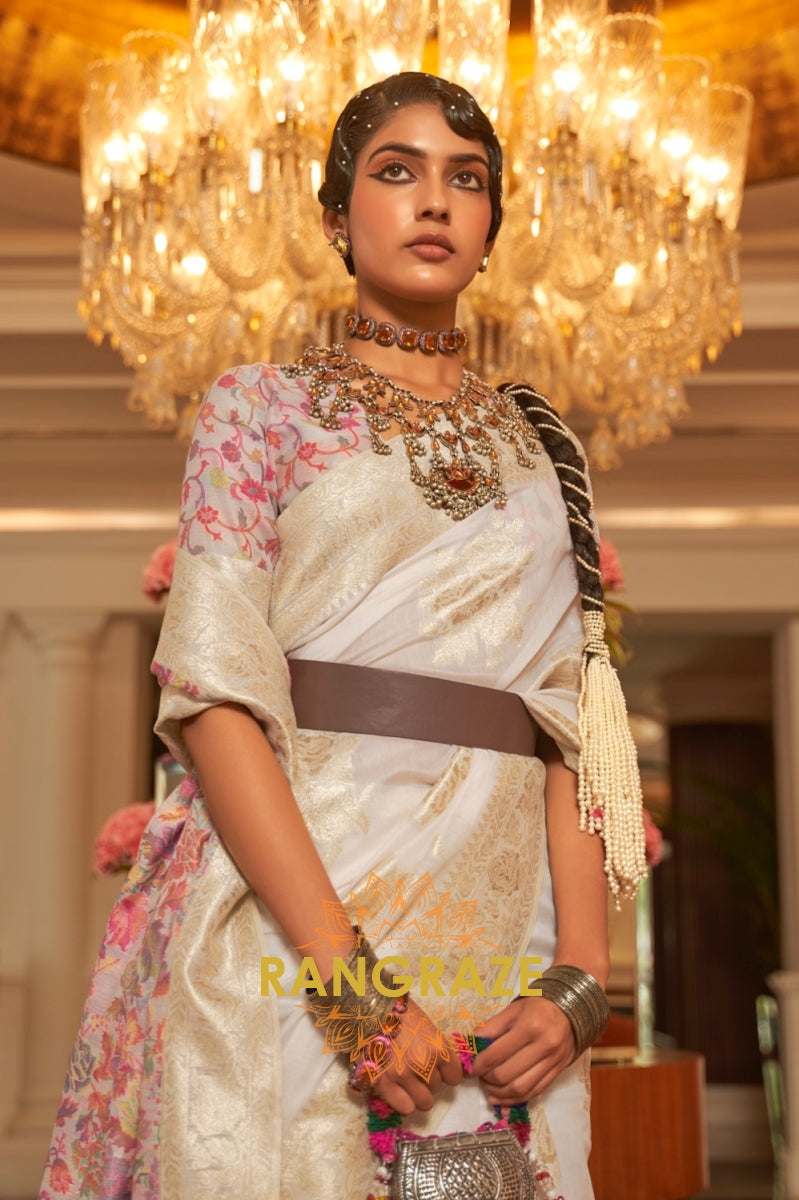 Pearl White Woven Silk Saree With Kashmiri Pallu