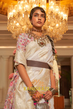 Pearl White Woven Silk Saree With Kashmiri Pallu