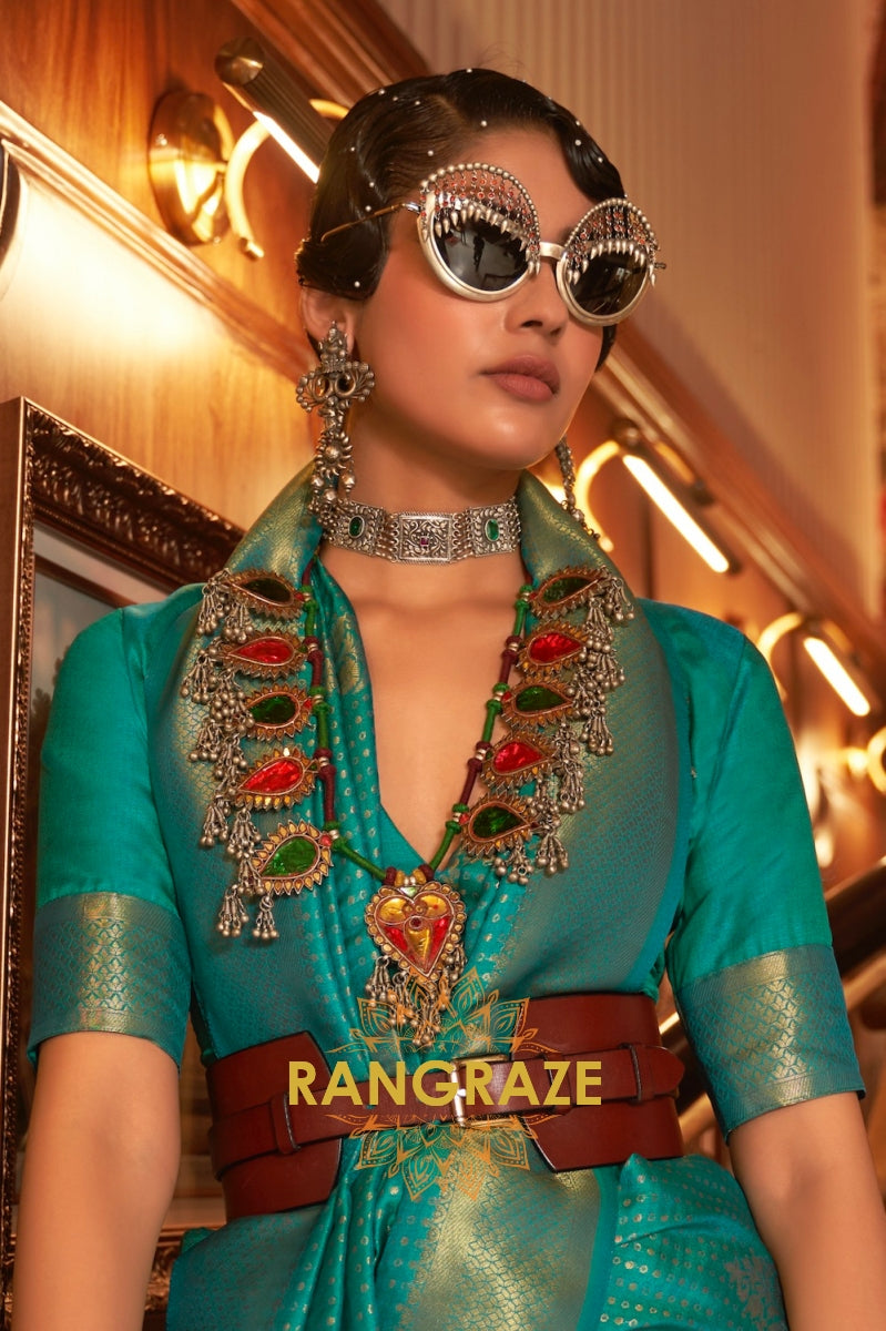 Turquoise Green Golden Double Tone Weaving Banarasi Silk Saree