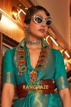 Turquoise Green Golden Double Tone Weaving Banarasi Silk Saree