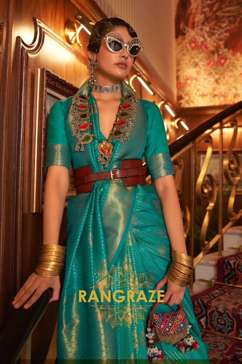 Turquoise Green Golden Double Tone Weaving Banarasi Silk Saree