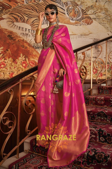 Pink Golden Double Tone Weaving Banarasi Silk Saree