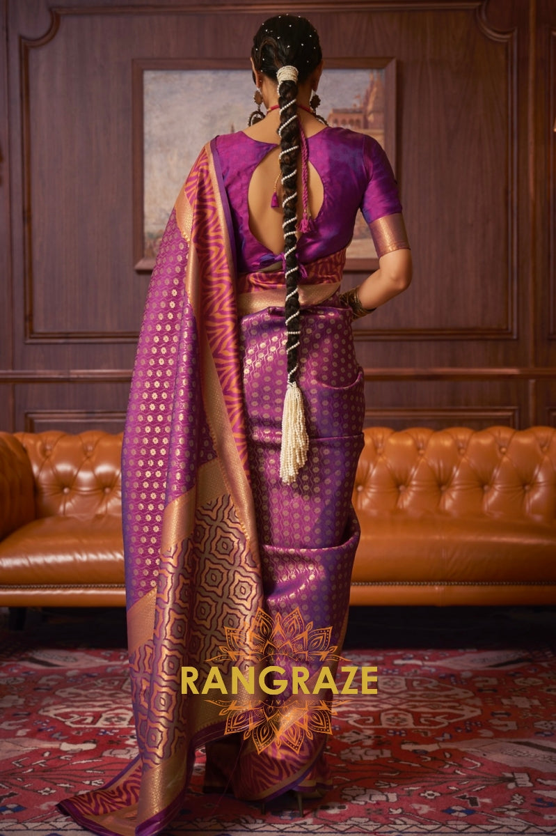 Purple Peach Woven Banarasi Silk Saree